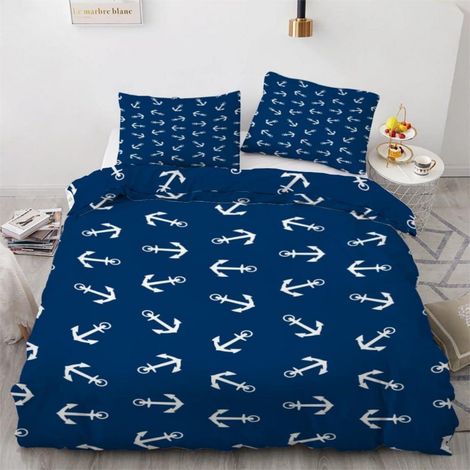 Bettwäsche-Set 155x220 cm mit 2 Kissenbezügen 80x80 cm, Mikrofaser, Anker-Motiv, Reißverschluss