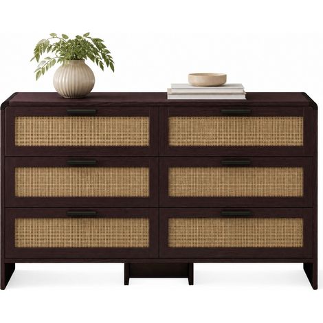 Meuble de rangement d’angle 6 tiroirs effet résine tressée, structure en panneau de particules et bois, couleur brun rouge, pour salon ou chambre  CHICFURN (1/5)