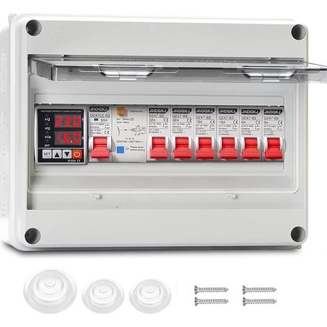 Boîte à fusibles en saillie - IP65 - Avec disjoncteur différentiel  Protection contre les surtensions, 2 x 32 A - 2 x 16 A - 2 x 6 A - Interrupteur de séparation CA pour atelier, garage (1/5)