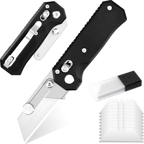 Folding utility knife with 10 blades,  EDC quick-change box cutter with clip-on rail lock,  black razor knife for men,  office/factory work (1/5)
