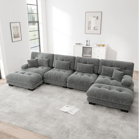 Canapé d’angle modulaire en U 4 places, avec pouf mobile, en chenille grise HAVRYA (1/5)