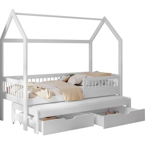 Lit Henderson 166, Blanc, Lit simple avec lit gigogne, Unique, 90x190, 90x200, Bois, Disponible, 97x206x190cm (1/3)
