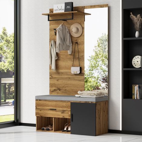Perchero 104x39x190cm, espejo + zapatero, armario interior, 4 ganchos, marrón, con 1 cajón (1/5)