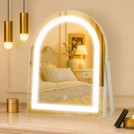 Miroir de courtoisie lumineux à 360° avec lumières, 30 × 25 cm, miroir de maquillage lumineux avec LED à intensité variable, 3 modes d'éclairage, contrôle d'écran tactile, miroir de table et (1/5)