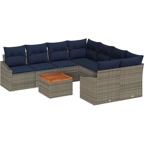 Gartensofa-set 9 pcs Grau und Marineblau Poly-Rattan vidaXL