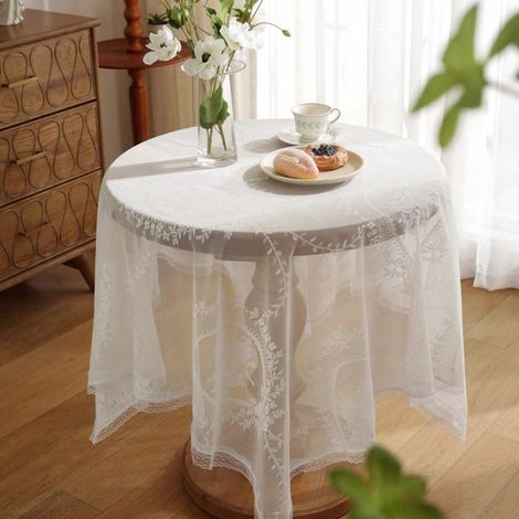 Mantel de encaje blanco, lavable, de lino, para mesa de comedor, para decoración del hogar, blanco, 100 x 140 cm (1/5)