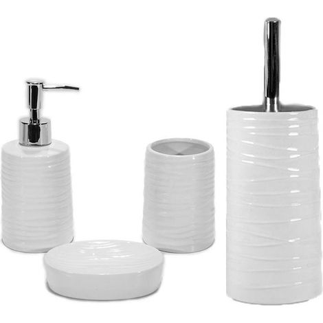 Accessori da arredo in ceramica bianco porta sapone scopino spazzolini per bagno set da 4 (1/5)