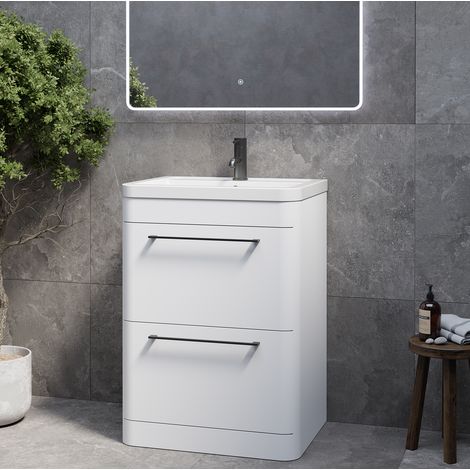 Oslo Gloss White 600mm 2 Drawer Vanity Unit with Leni Basin - 600mm - Gunmetal Grey 320mm Handle