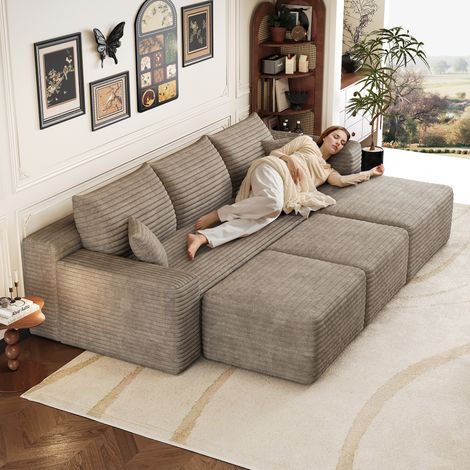 Canapé d'angle 241 cm motif nuage, canapé moderne et minimaliste, confortable, assise profonde avec angle, livré monté, couleur camel (1/5)