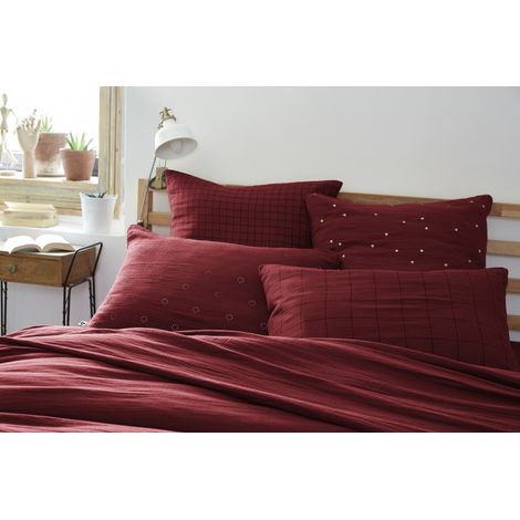 Taie d'oreiller Brodée Déco "Gaïa Boho" 60 x 60 cm & 50 x 70 cm "Gaze de Coton" - Gaïa Boho Lie de vin - 50 x 70 cm - Gaïa Boho Lie de vin -