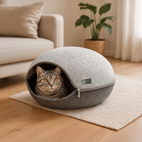 belviona Filz-Katzenhöhle mit Reißverschluss, ovaler Öffnung, weichem waschbarem Innenkissen, stabiler Rückzugsort für Katzen jeden Alters (1/5)