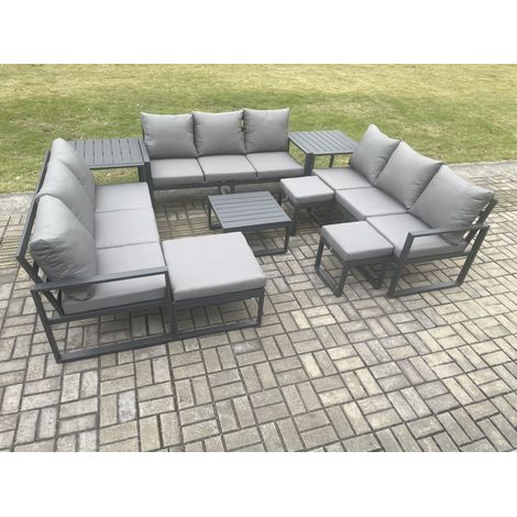 Fimous Aluminium Outdoor Garden Furniture Set Patio Lounge Sofa with Square Coffee Table 2 Side Tables 3 Footstools Conservatory Set Dark Grey (1/5)
