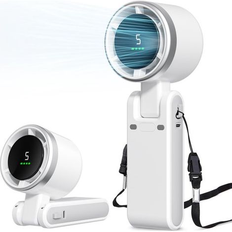 Ventilatore portatile - Mini ventilatore - Ventilatore da collo - 5 velocità del vento - Display a LED - Ricaricabile - Adatto per ufficio, campeggio e sport all'aria aperta - Bianco (1/5)