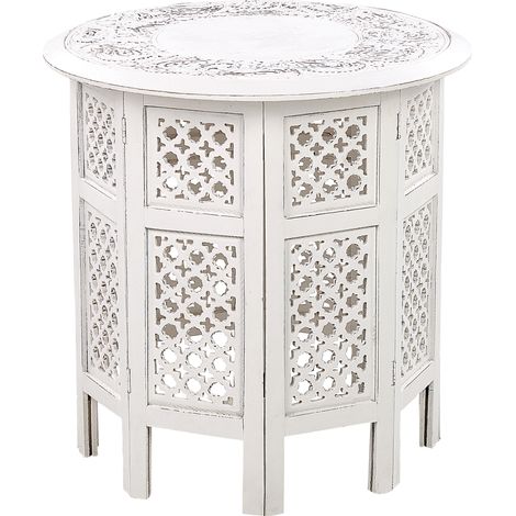 Mesa auxiliar de madera de mango blanco crema 53 cm tallado desgastado Elara