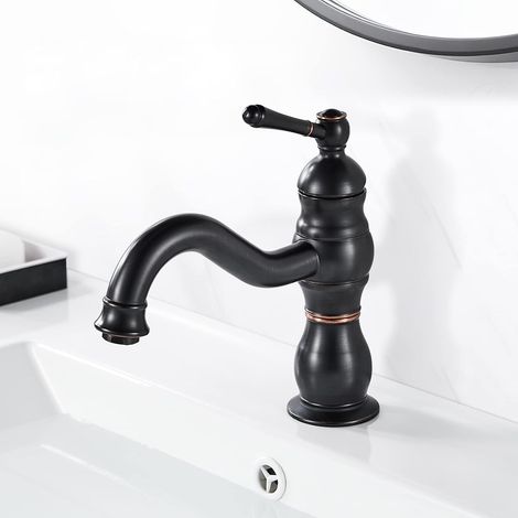 Robinet Lavabo Noir Rétro, Pivotant à 360° Robinet Salle Bain, Monocommande Mitigeur Lavabo en Laiton,Robinets étro avec Chaude et Froide Réglable