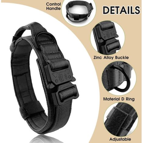 Collare per cani in stile militare con maniglia regolabile in nylon per cani di taglia media e grande, con robusta fibbia in metallo, collare per cani nero, taglia XL 50-59 cm (nero) (1/4)