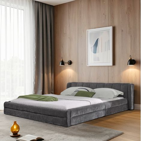 Cama doble minimalista 160x200 cm en chenilla gris oscuro con cabecero acolchado ergonómico y estructura reforzada (1/5)