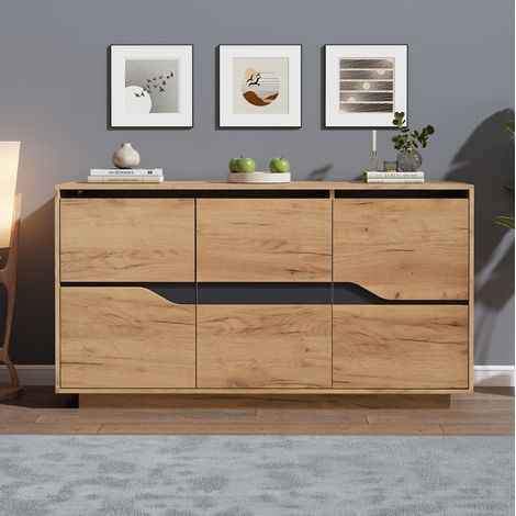Sideboard 140x40x70 cm Eiche und Schwarz aus Spanplatte mit 3 Tueren und verstellbaren Einlegeboeden (1/5)