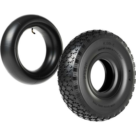 Wiltec Pneu 11x4.00-4 et Chambre à air – Valve coudée – 294 x 294 x 80 mm – 4 PR – capacité de charge 130 kg – pour Tondeuse à gazon Tracteur à pelouse Brouette Chariot Diable (1/7)