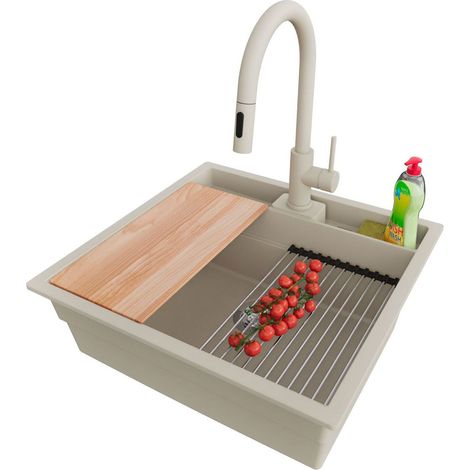 PRIMAGRAN Evier Cuisine en Granit 56x54cm,Lavabo 1 bac + Robinet 40x20cm + Kit de Vidage + Accessoires, Évier à Encastrer au meuble 60cm - Bergen Pocket, Beige (1/5)
