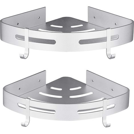 Etagère Douche d'angle sans Perçage Accessoire Salle de Aluminium Lot de 2 Argent avec Crochets (1/5)
