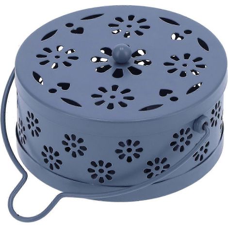 Porte-encens anti-moustiques en métal bleu, motif floral, portable avec couvercle, pour une utilisation intérieure et extérieure. (1/4)