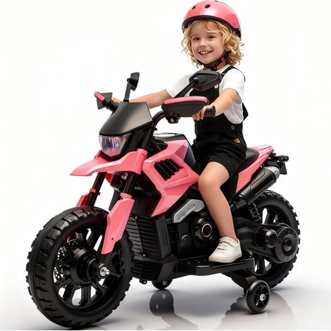 Moto Électrique Enfant 6V, 2 Roues Stabilisatrices, Phares, Musique & Klaxon, 85 x 58 x 42 cm, 3 à 6 Ans, Rose Clair (1/5)