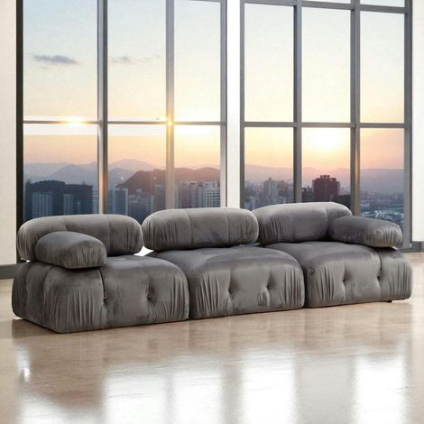 Canapé modulable 3 places, tissu gris velours RONDA