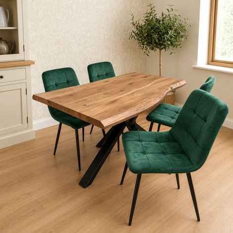 Kosy Koala 4 Seater Rustic Brown Wooden Effect Dining Table with Green Tufted Velvet Chairs (1/5)