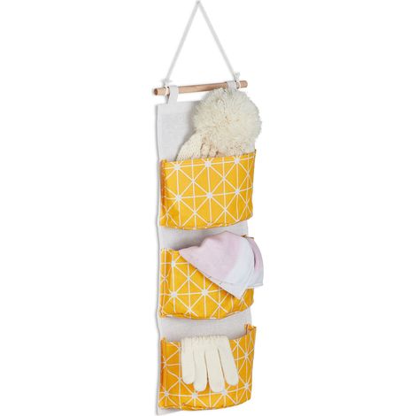 Relaxdays Hängeorganizer, 3 Fächer, Baumwolle, HxB: 74x20 cm, Hängetasche Bad, Flur, Büro, Hängeaufbewahrung, creme/gelb