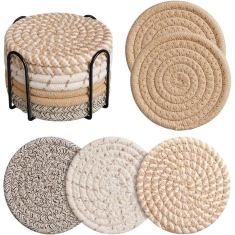 (Multicolore)Dessous de verre - Non spécifié - Lot de 8 - 100% coton et lin - Lavables - Support en métal noir (1/4)