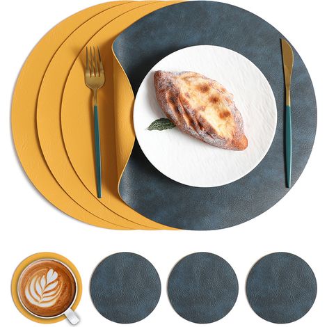 Gepresstes Leder-Untersetzer aus Rindsleder, rund, doppelseitig, wasserdicht und hitzebeständig - 4er-Set mit Tassenuntersetzer (Modell Blau-Gelb)-lsw