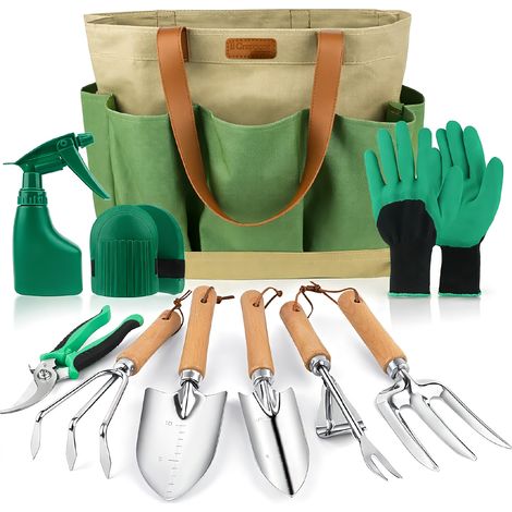 Set Attrezzi da Giardinaggio 10 Pezzi – Kit Completo con Paletta, Trapiantatore, Forchetta, Rastrello, Forbici da Potatura, Guanti, Spruzzino e Ginocchiere – Attrezzi Giardino con Manico Ergonomico (1/5)