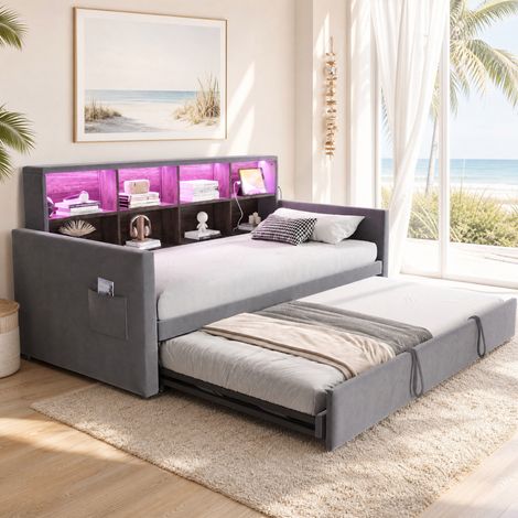 Sofá cama extensible (204x104x96 cm), con almacenamiento en cabecero, luces LED y enchufes, terciopelo gris (1/5)