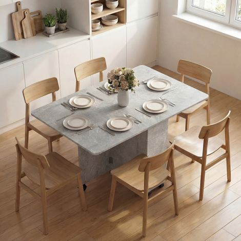 Mesa de comedor plegable con ruedas, 2 cajones, 2 puertas y armario, de madera, 140x76x74 cm, gris cemento. (1/5)