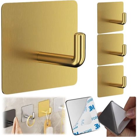 Paquete de 4 ganchos cuadrados autoadhesivos de acero inoxidable, sin necesidad de taladrar, para albornoces, sombreros, toallas, baño y cocina. (1/5)