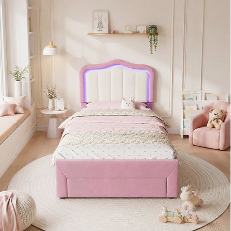 Kinderbett 90x200 cm aus rosa Samt mit Schublade und LED, ohne Matratze – MEUBLIV (1/5)
