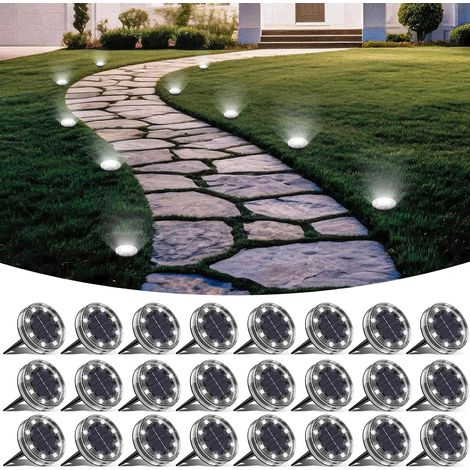 Lot de 6 Lampe Solaire Au Sol, 8 LED Lumiere Solaire Exterieur Jardin IP68 Étanche, Spot Solaire Extérieur pour Chemins Pelouse Terrasse Allée Cour Piscine Passerelle, Blanc Froid (1/5)