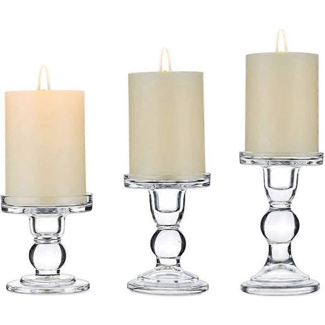 Ensemble de 3 bougeoirs en verre transparent, 2 bougeoirs