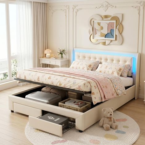 Lit coffre 140x190 cm avec 2 tiroirs, lit double avec Tête de lit avec éclairage LED, Rangement, sommier à lattes, velours - Blanc