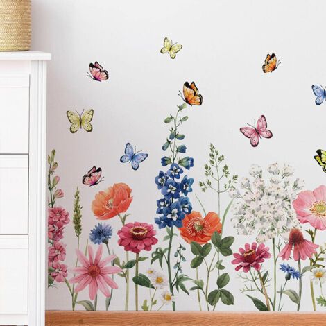 Stickers Muraux Fleur de Jardin Autocollant Mural Stickers Muraux Fleur Plante Papillon Décoration Murale pour Fond de Canapé Chambre Salon (Couleur) (1/4)