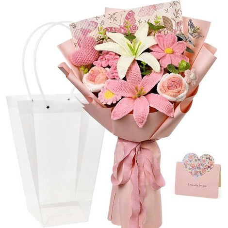 Bouquet au crochet - Fleurs tricotées - Bouquet de lys - Bouquets de fleurs artificielles - Idéal pour un mariage, la fête des mères, une remise de diplôme, un anniversaire, une fête - Décoration, cad (1/5)