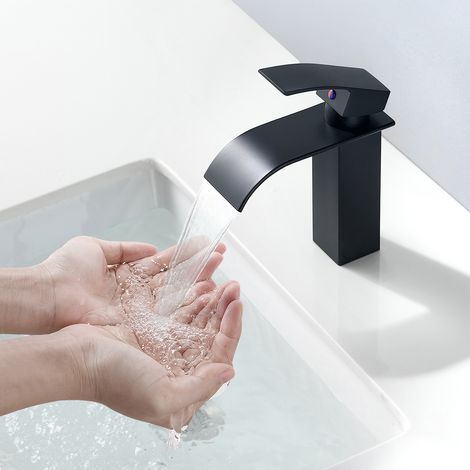 Auralum Grifo Lavabo en Cascada Negro, Grifo de lavabo Con caño en cascada de 114 mm, 30% Ahorro de Agua, Agua caliente y fría regulables, Sin plomo, seguro y saludable (1/5)