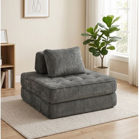 Fauteuil-lit 2 en 1 pliable en chenille grise sans structure avec coussin de soutien (1/5)