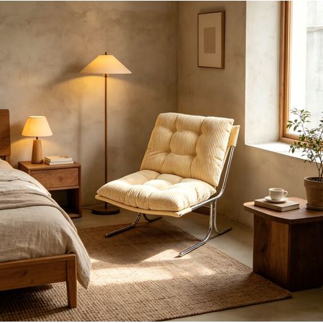 Sillón lounge de terciopelo acanalado color marfil con funda desenfundable y patas metálicas (1/5)