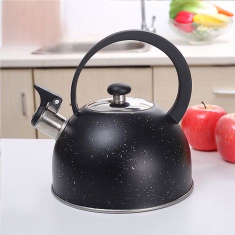 Bouilloire sifflante en acier inoxydable, bec verseur à grand diamètre, poignée en forme de lune, 2,5 L, noire (1/5)