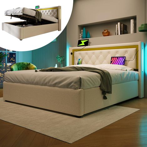 Lit double 140 x 200 cm en tissu coton avec coffre de rangement, tête de lit led et port usb type-c, sans matelas (1/5)
