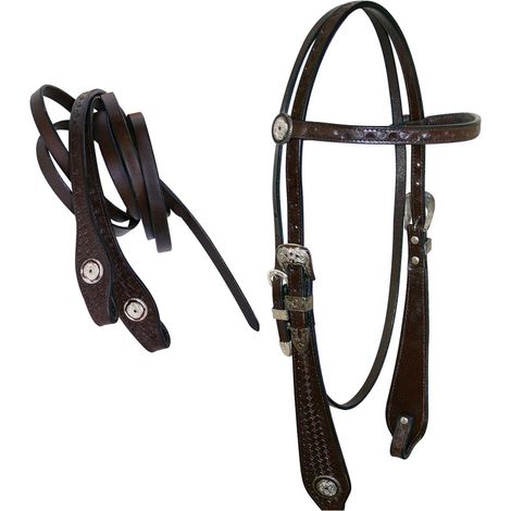 marrone - Briglia western Triple S in cuoio americano con montanti larghi e decorazione basket, completa di redini