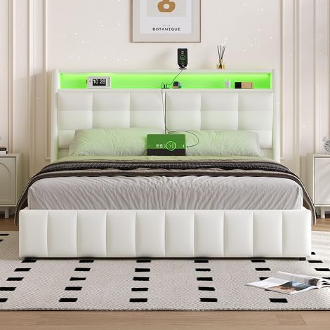 Lit hydraulique 160 x 200 cm, avec éclairage LED et ports USB, rangement sous le lit, appuie-tête réglable, blanc (1/5)