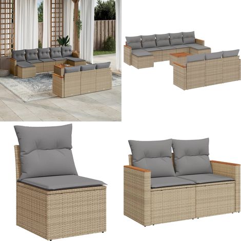 Salon de jardin et coussins 11 pcs mélange beige résine tressée - Ensemble Salon Jardin - Mobilier Extérieur - Meubles De Jardin - Salon De Jardin - Chaise Lounge - Home & Living